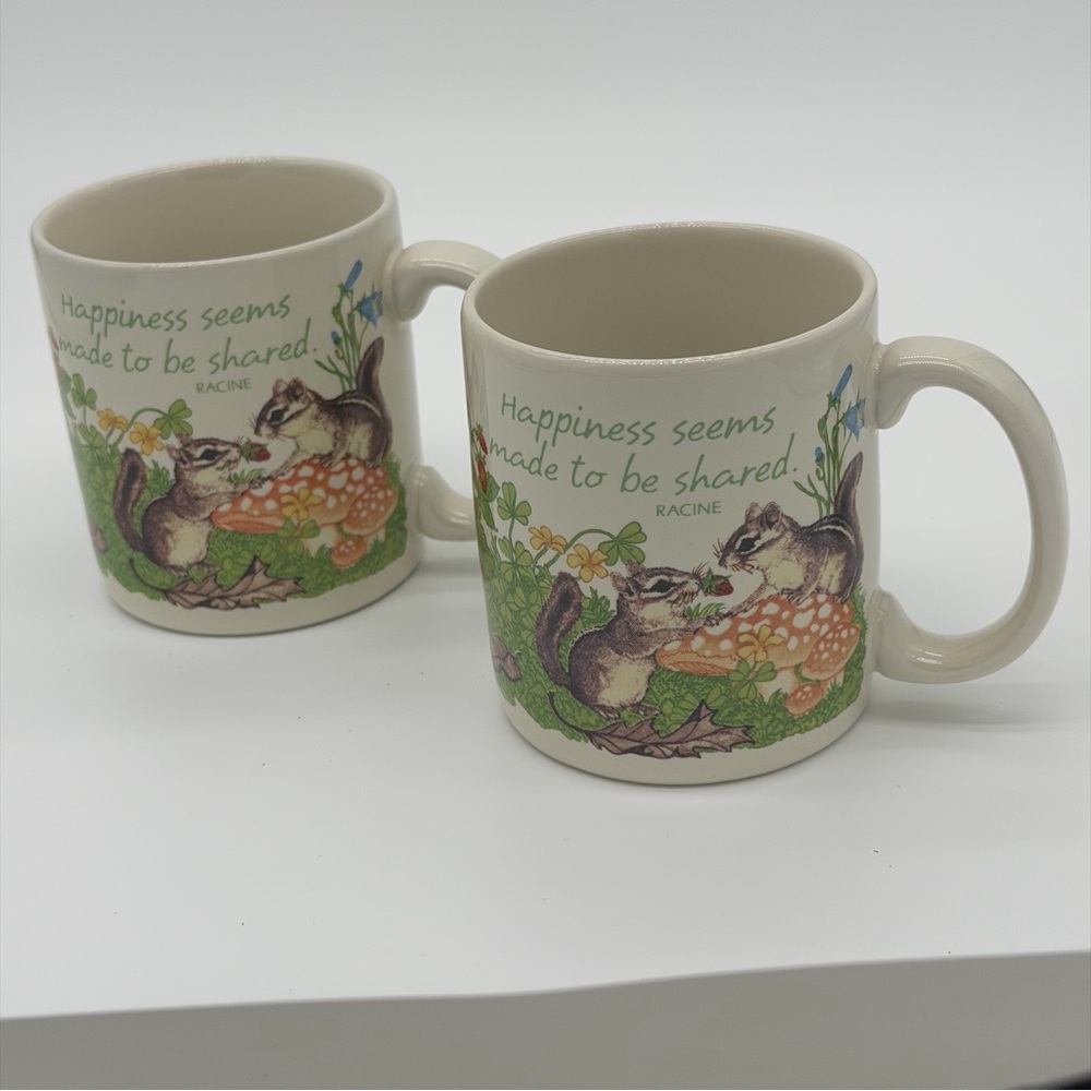 American Greetings Vintage Stoneware Mug Mates Happiness Chipmunks Mushrooms